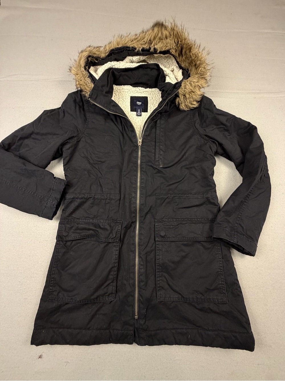 GAP Black Faux-Fur Hooded Trench Coat
